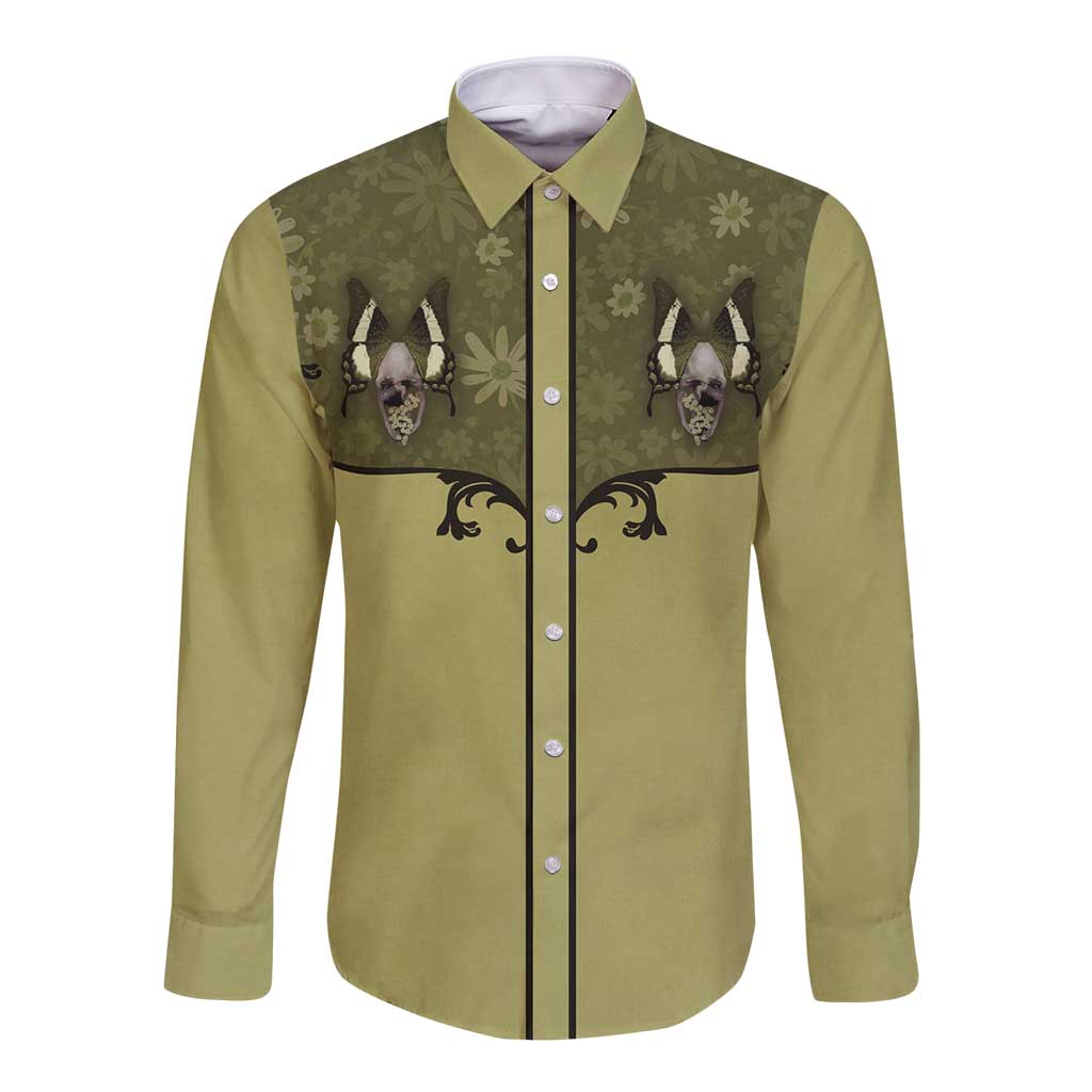 Western Gothic Yoke Long Sleeve Button Shirt Retro Butterfly With Daisy Garden - Wonder Print Shop