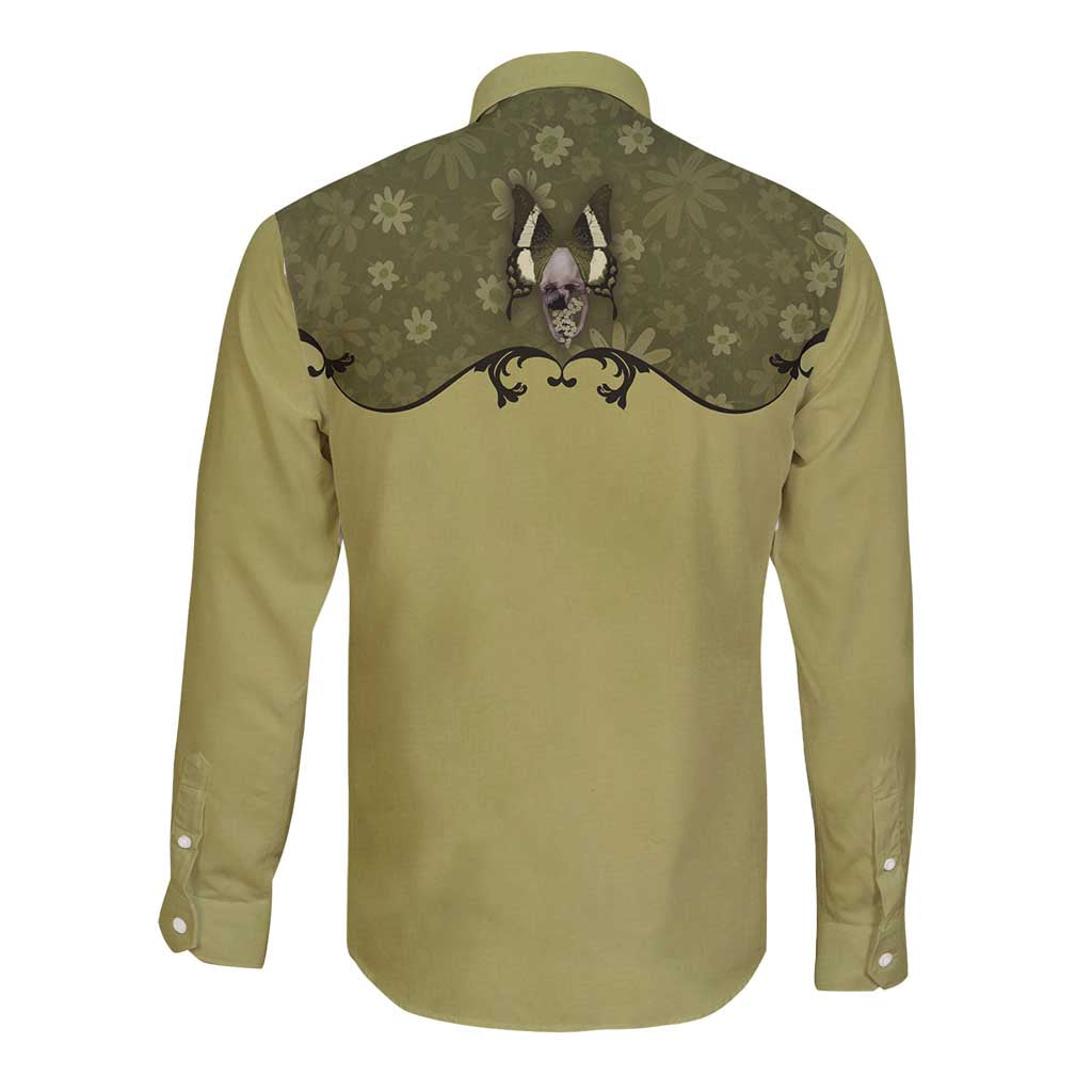 Western Gothic Yoke Long Sleeve Button Shirt Retro Butterfly With Daisy Garden - Wonder Print Shop