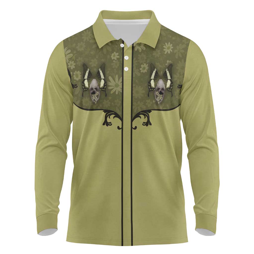 Western Gothic Yoke Long Sleeve Polo Shirt Retro Butterfly With Daisy Garden - Wonder Print Shop