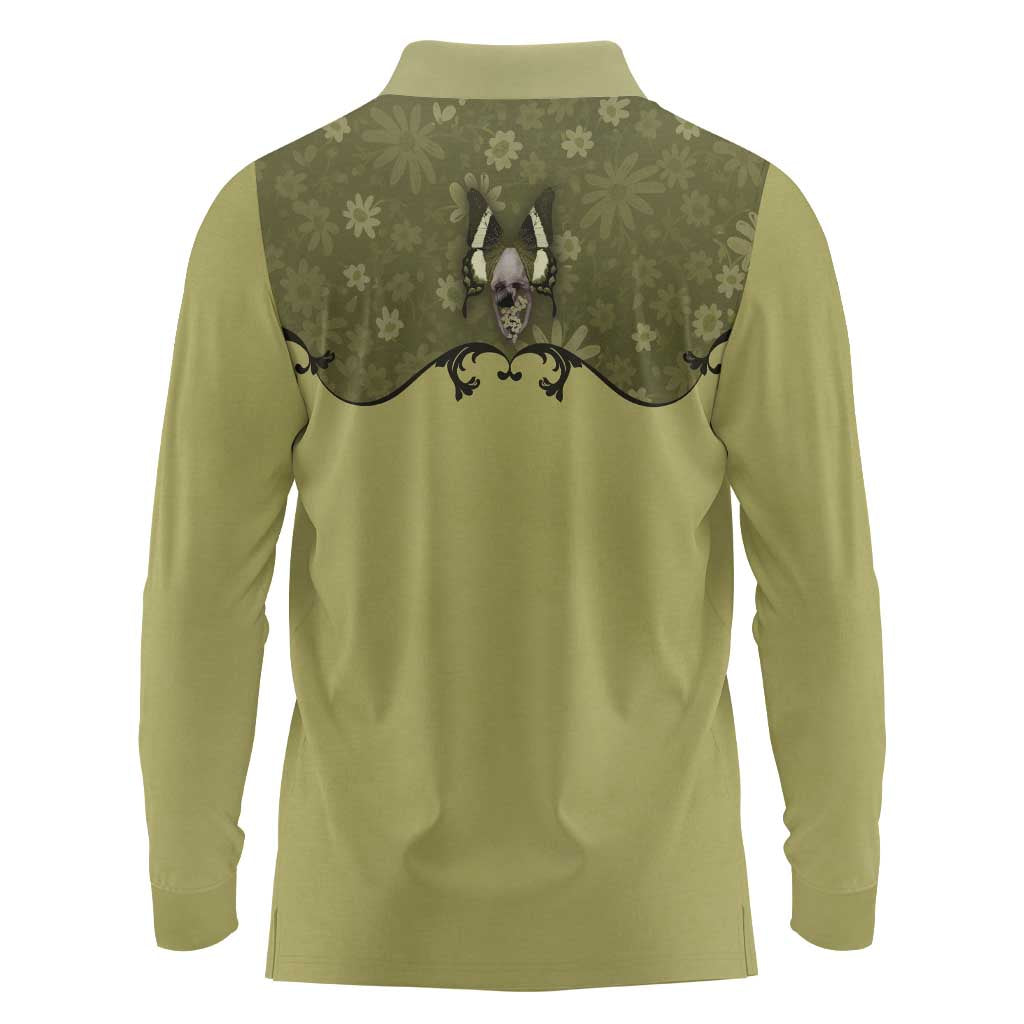 Western Gothic Yoke Long Sleeve Polo Shirt Retro Butterfly With Daisy Garden - Wonder Print Shop