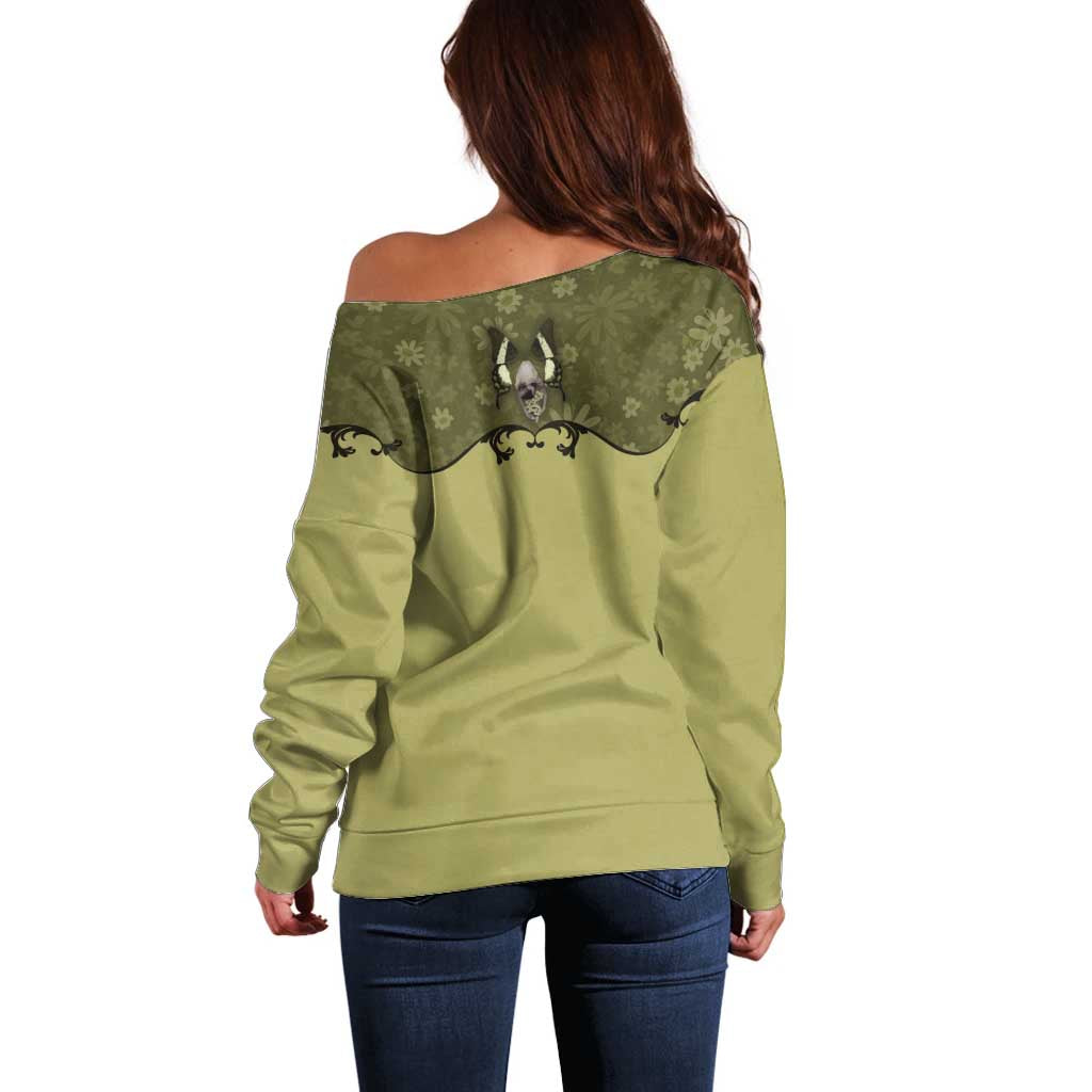 Western Gothic Yoke Off Shoulder Sweater Retro Butterfly With Daisy Garden - Wonder Print Shop