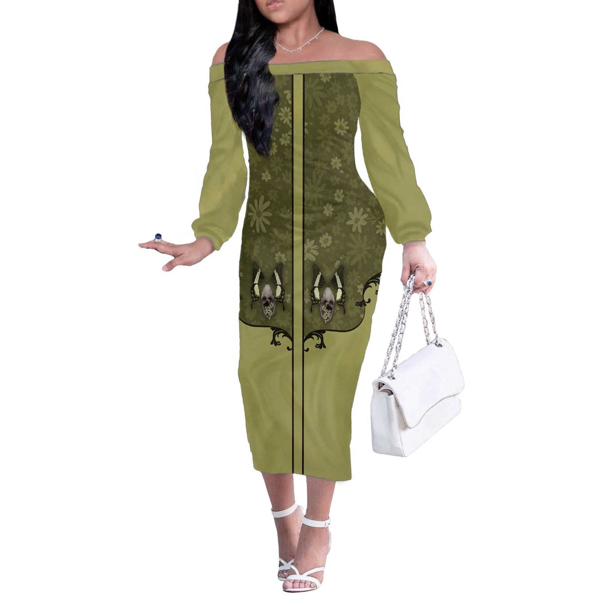 Western Gothic Yoke Off The Shoulder Long Sleeve Dress Retro Butterfly With Daisy Garden - Wonder Print Shop