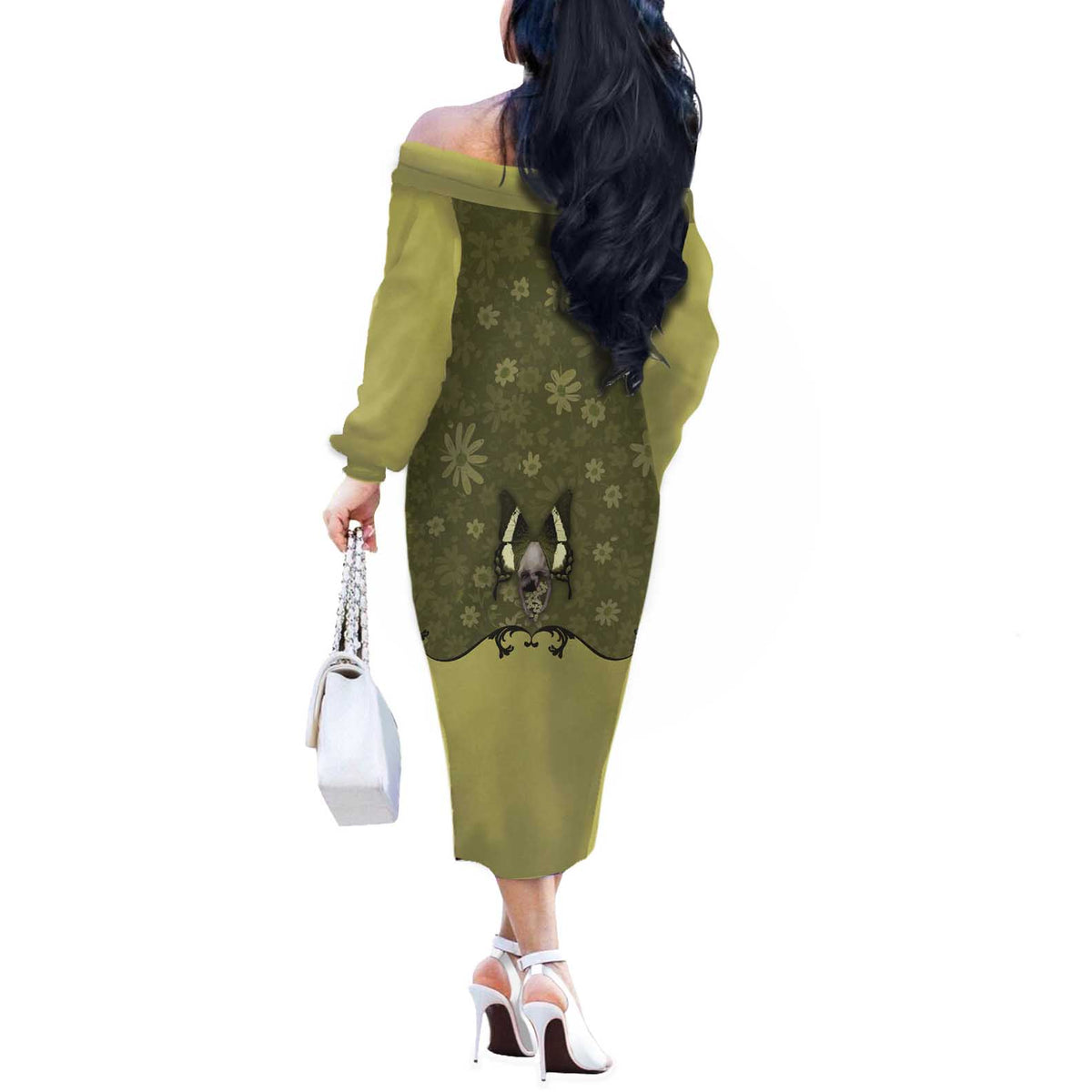 Western Gothic Yoke Off The Shoulder Long Sleeve Dress Retro Butterfly With Daisy Garden - Wonder Print Shop