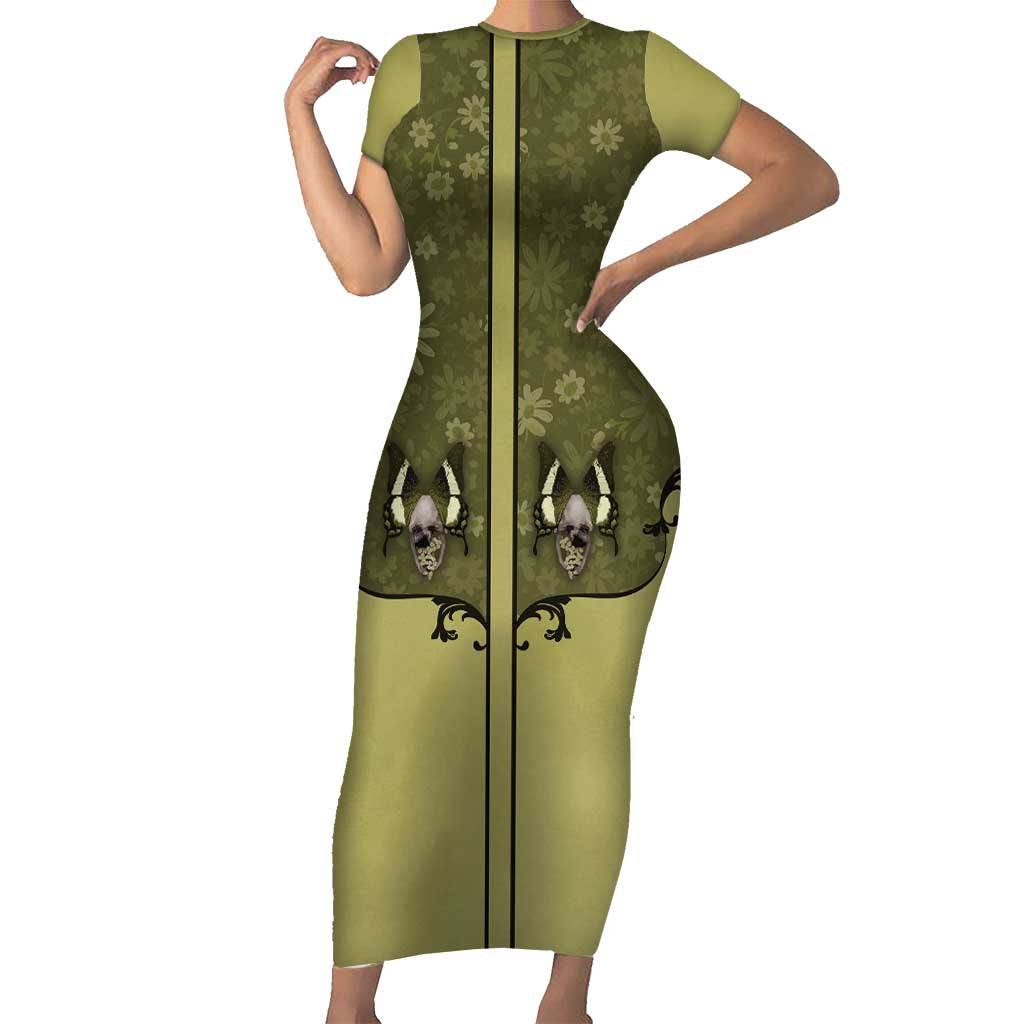 Western Gothic Yoke Short Sleeve Bodycon Dress Retro Butterfly With Daisy Garden - Wonder Print Shop