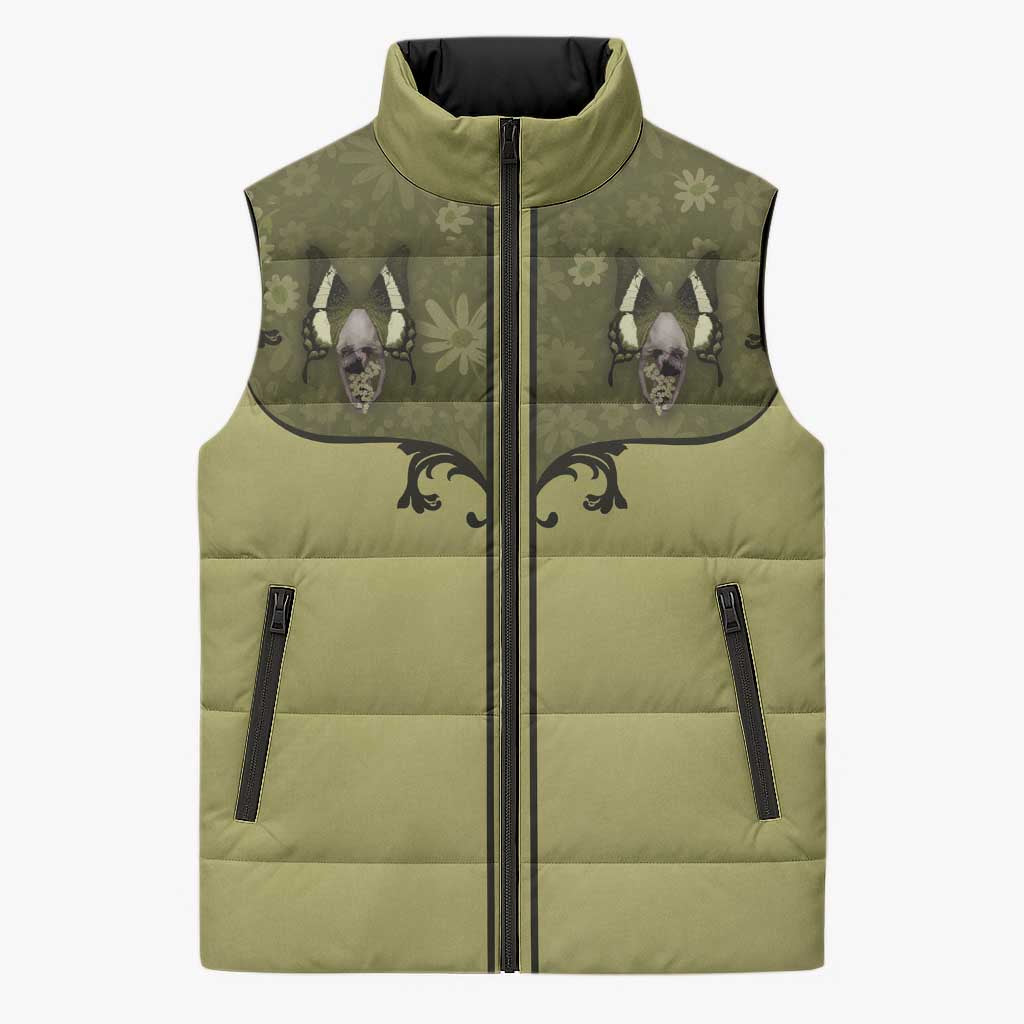 Western Gothic Yoke Sleeveless Puffer Jacket Retro Butterfly With Daisy Garden - Wonder Print Shop