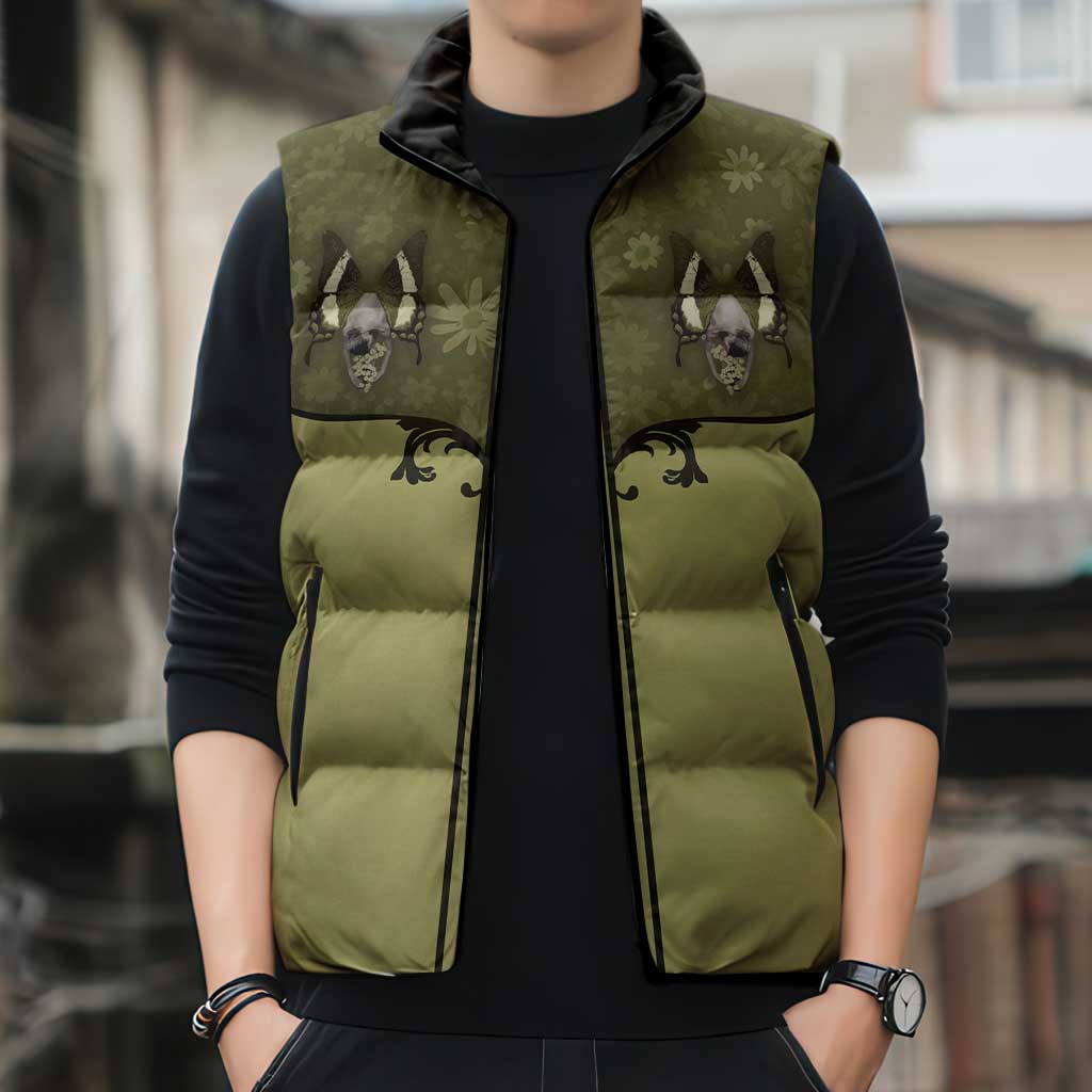 Western Gothic Yoke Sleeveless Puffer Jacket Retro Butterfly With Daisy Garden - Wonder Print Shop