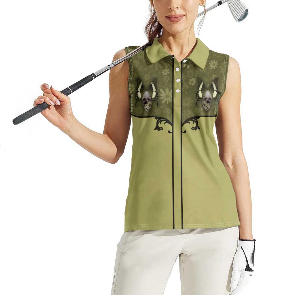 Western Gothic Yoke Women Sleeveless Polo Shirt Retro Butterfly With Daisy Garden - Wonder Print Shop