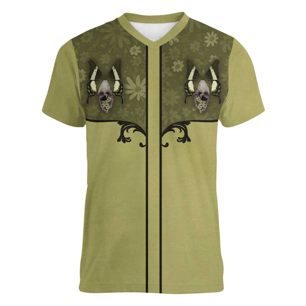 Western Gothic Yoke Women V-Neck T-Shirt Retro Butterfly With Daisy Garden - Wonder Print Shop
