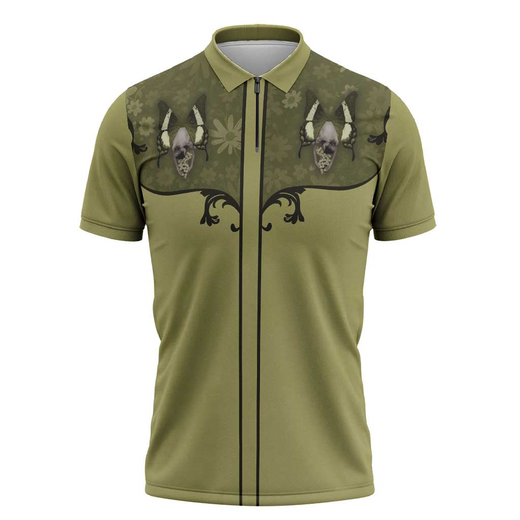 Western Gothic Yoke Zipper Polo Shirt Retro Butterfly With Daisy Garden - Wonder Print Shop
