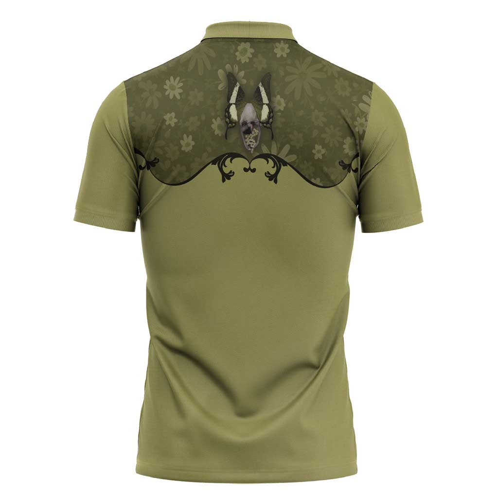 Western Gothic Yoke Zipper Polo Shirt Retro Butterfly With Daisy Garden - Wonder Print Shop