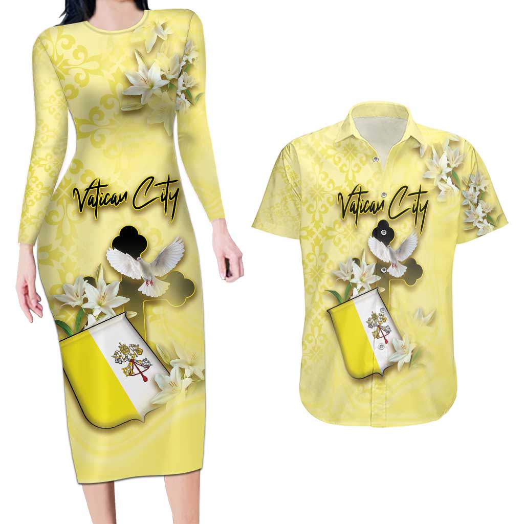 Personalized Vatican City Couples Matching Long Sleeve Bodycon Dress and Hawaiian Shirt Coat Of Arms With Dove Bird - Wonder Print Shop