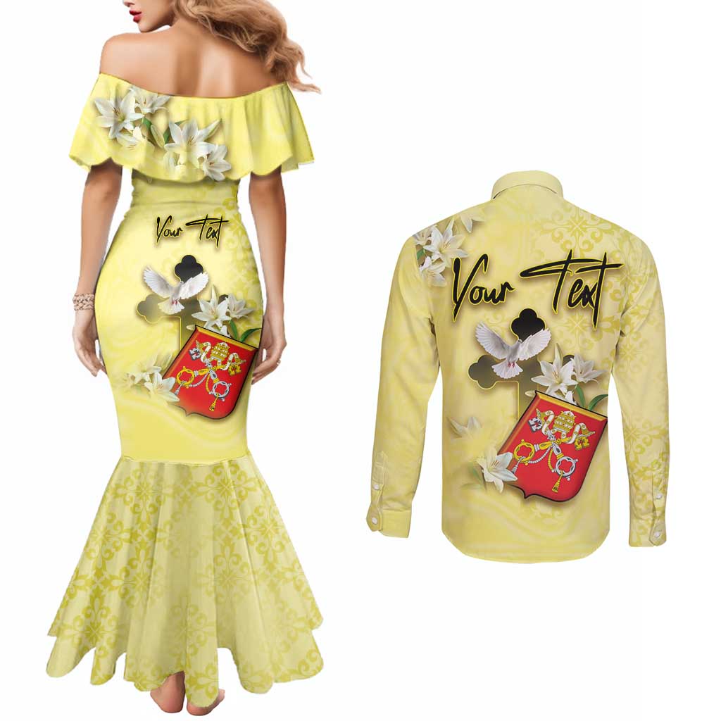 Personalized Vatican City Couples Matching Mermaid Dress and Long Sleeve Button Shirt Coat Of Arms With Dove Bird - Wonder Print Shop