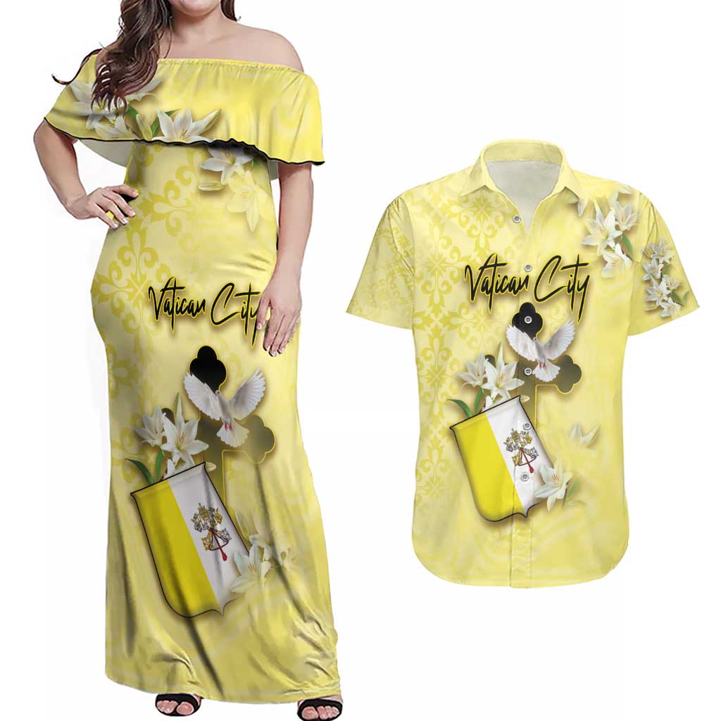 Personalized Vatican City Couples Matching Off Shoulder Maxi Dress and Hawaiian Shirt Coat Of Arms With Dove Bird - Wonder Print Shop