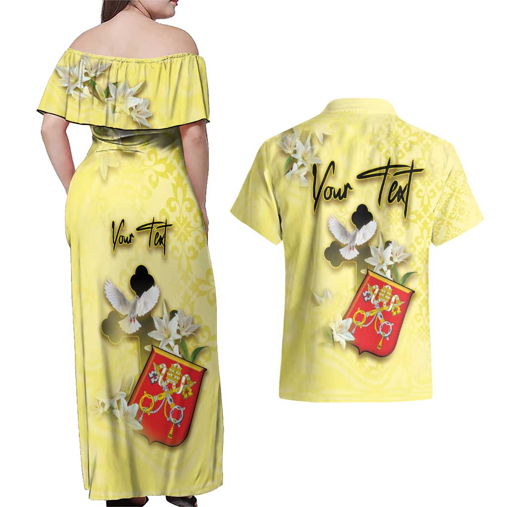 Personalized Vatican City Couples Matching Off Shoulder Maxi Dress and Hawaiian Shirt Coat Of Arms With Dove Bird - Wonder Print Shop