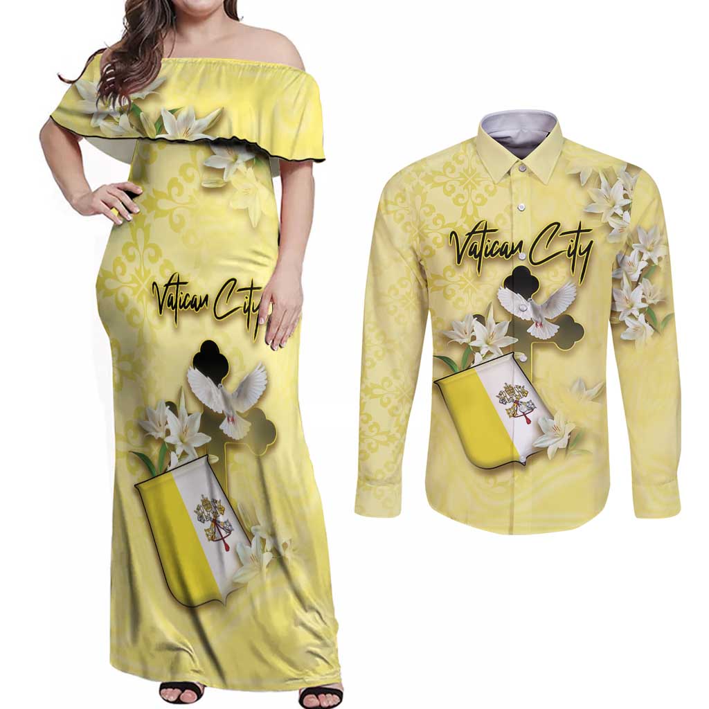 Personalized Vatican City Couples Matching Off Shoulder Maxi Dress and Long Sleeve Button Shirt Coat Of Arms With Dove Bird - Wonder Print Shop