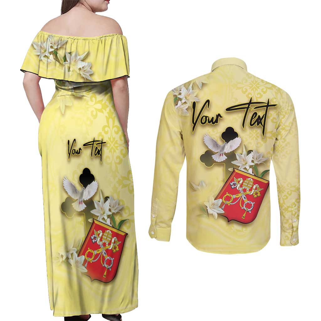 Personalized Vatican City Couples Matching Off Shoulder Maxi Dress and Long Sleeve Button Shirt Coat Of Arms With Dove Bird - Wonder Print Shop
