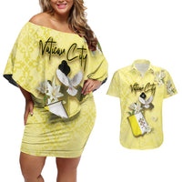 Personalized Vatican City Couples Matching Off Shoulder Short Dress and Hawaiian Shirt Coat Of Arms With Dove Bird - Wonder Print Shop