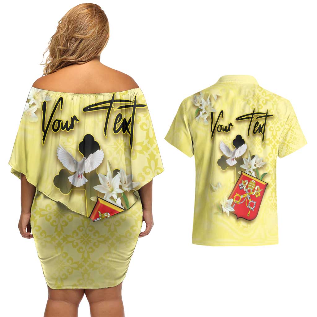 Personalized Vatican City Couples Matching Off Shoulder Short Dress and Hawaiian Shirt Coat Of Arms With Dove Bird - Wonder Print Shop