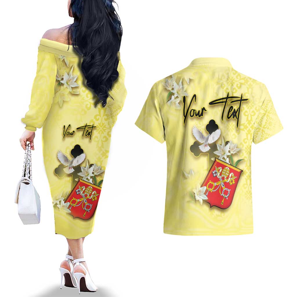 Personalized Vatican City Couples Matching Off The Shoulder Long Sleeve Dress and Hawaiian Shirt Coat Of Arms With Dove Bird - Wonder Print Shop