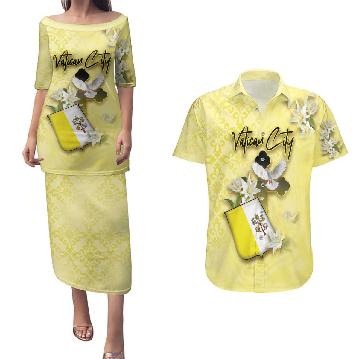 Personalized Vatican City Couples Matching Puletasi and Hawaiian Shirt Coat Of Arms With Dove Bird - Wonder Print Shop