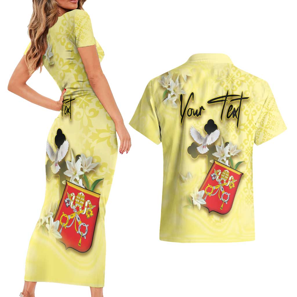 Personalized Vatican City Couples Matching Short Sleeve Bodycon Dress and Hawaiian Shirt Coat Of Arms With Dove Bird - Wonder Print Shop