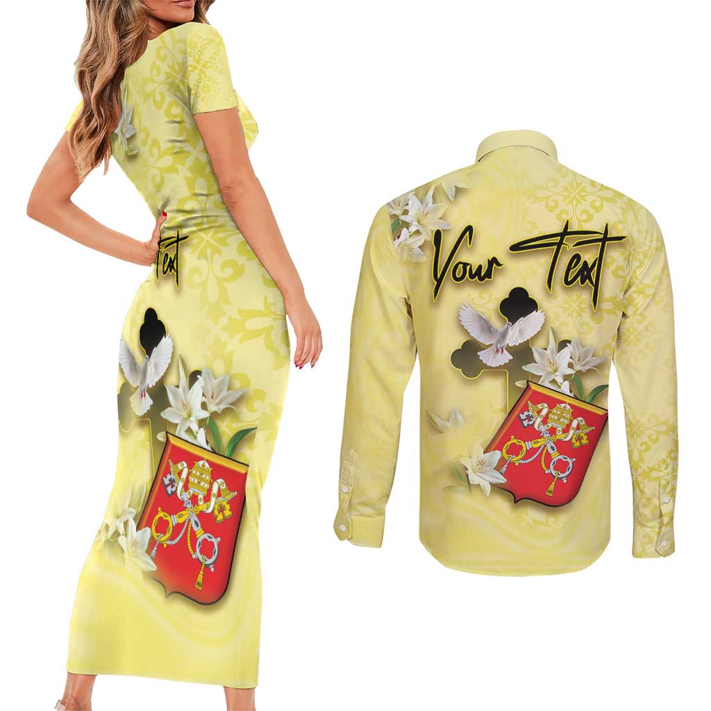 Personalized Vatican City Couples Matching Short Sleeve Bodycon Dress and Long Sleeve Button Shirt Coat Of Arms With Dove Bird - Wonder Print Shop