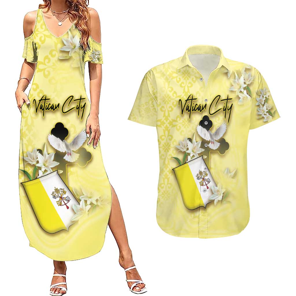 Personalized Vatican City Couples Matching Summer Maxi Dress and Hawaiian Shirt Coat Of Arms With Dove Bird - Wonder Print Shop