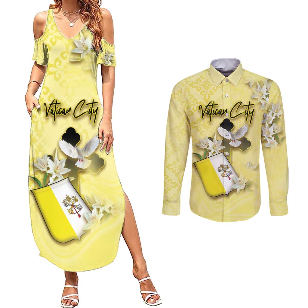 Personalized Vatican City Couples Matching Summer Maxi Dress and Long Sleeve Button Shirt Coat Of Arms With Dove Bird - Wonder Print Shop