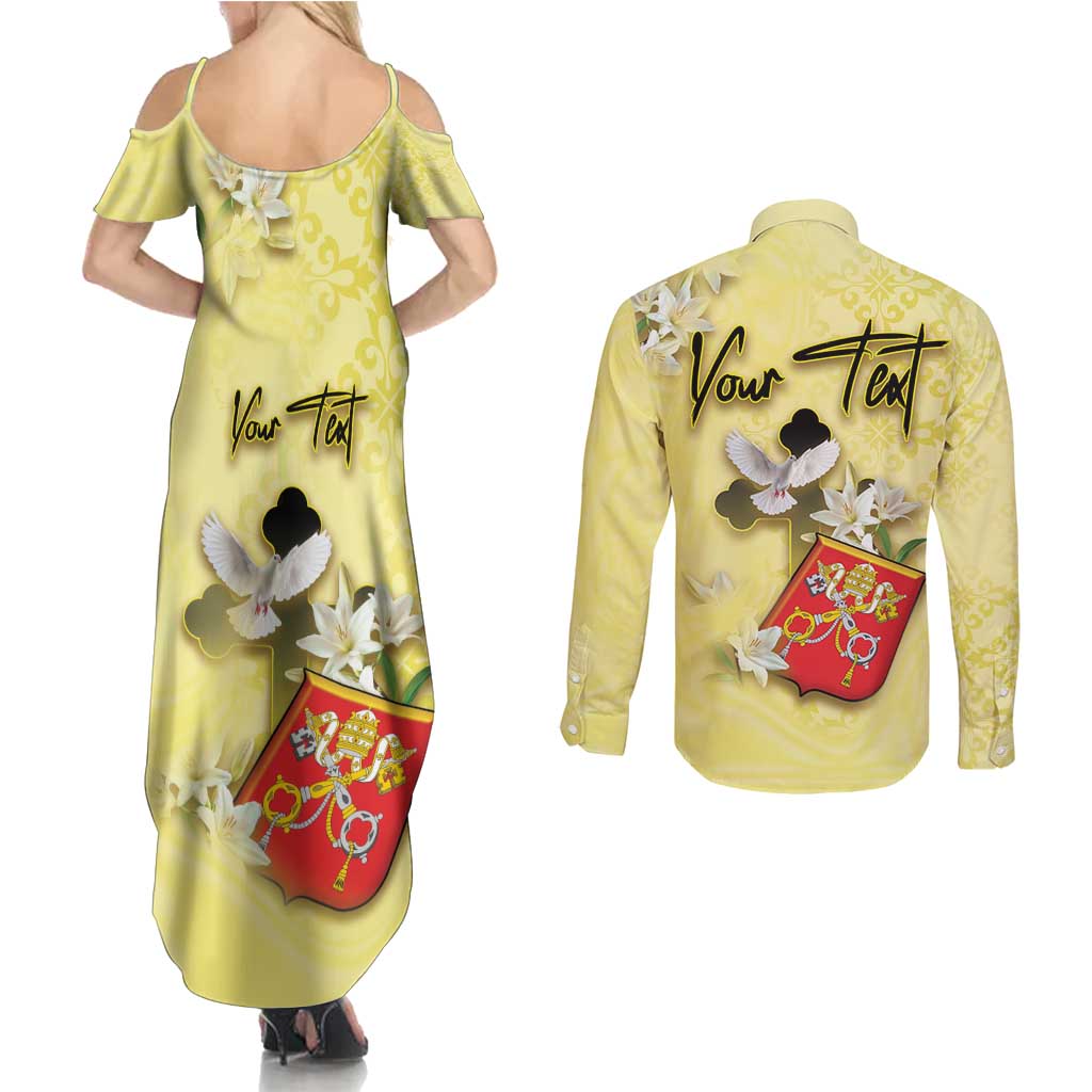 Personalized Vatican City Couples Matching Summer Maxi Dress and Long Sleeve Button Shirt Coat Of Arms With Dove Bird - Wonder Print Shop