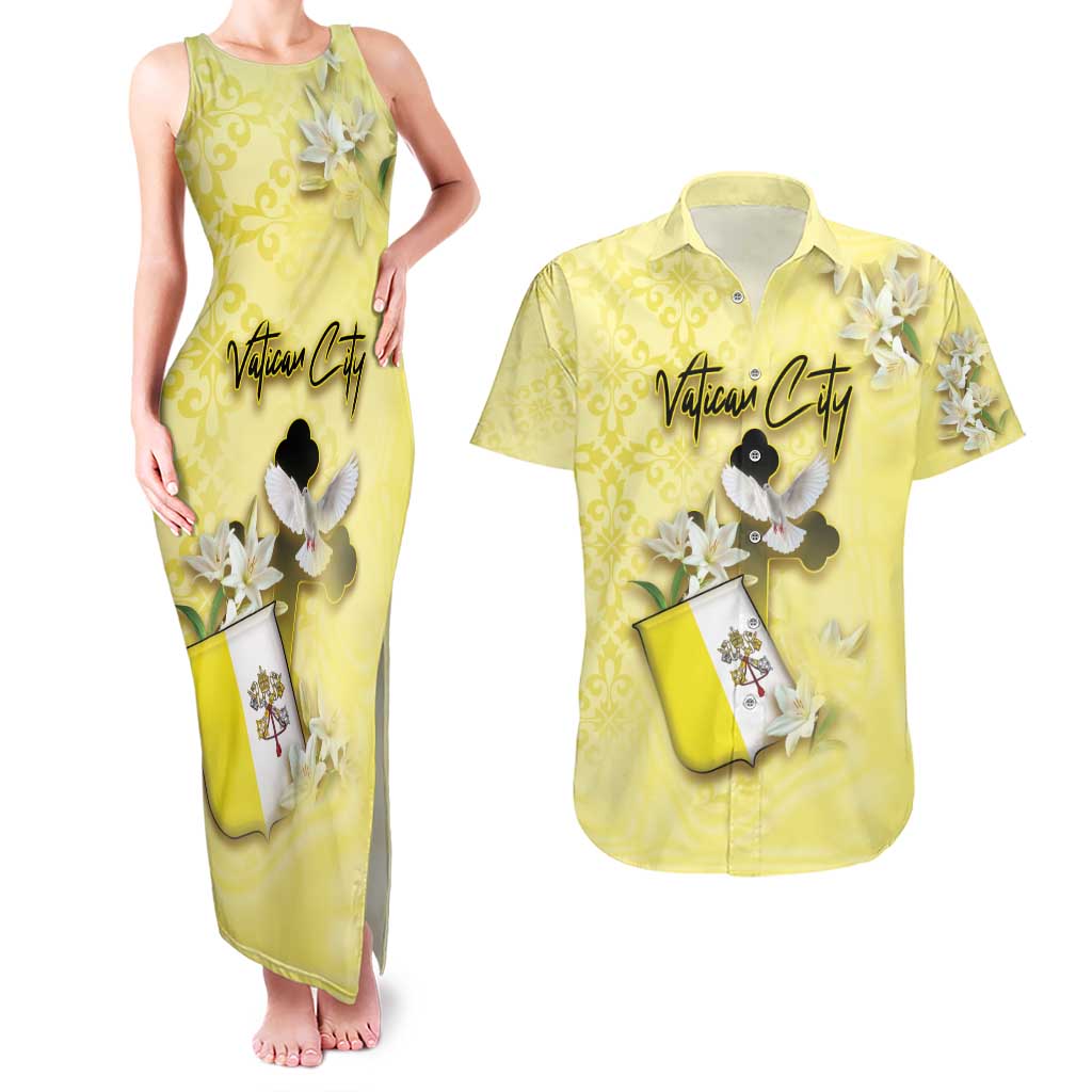 Personalized Vatican City Couples Matching Tank Maxi Dress and Hawaiian Shirt Coat Of Arms With Dove Bird - Wonder Print Shop