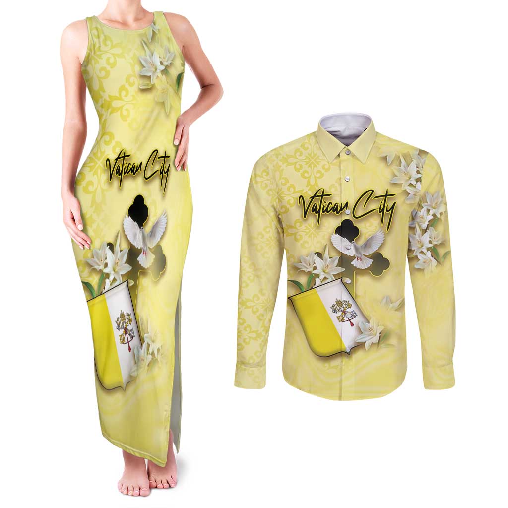 Personalized Vatican City Couples Matching Tank Maxi Dress and Long Sleeve Button Shirt Coat Of Arms With Dove Bird - Wonder Print Shop