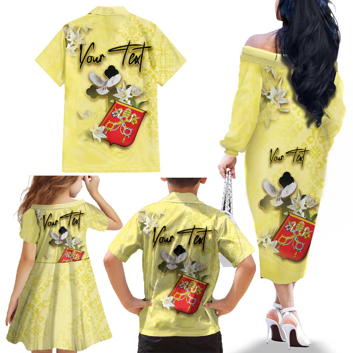 Personalized Vatican City Family Matching Off The Shoulder Long Sleeve Dress and Hawaiian Shirt Coat Of Arms With Dove Bird - Wonder Print Shop