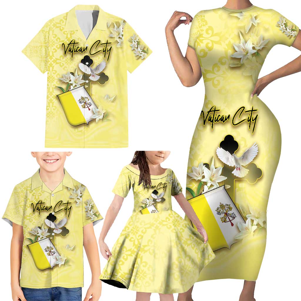 Personalized Vatican City Family Matching Short Sleeve Bodycon Dress and Hawaiian Shirt Coat Of Arms With Dove Bird - Wonder Print Shop