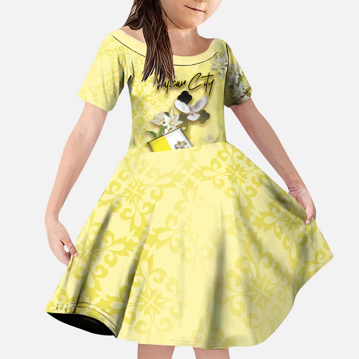 Personalized Vatican City Kid Short Sleeve Dress Coat Of Arms With Dove Bird - Wonder Print Shop