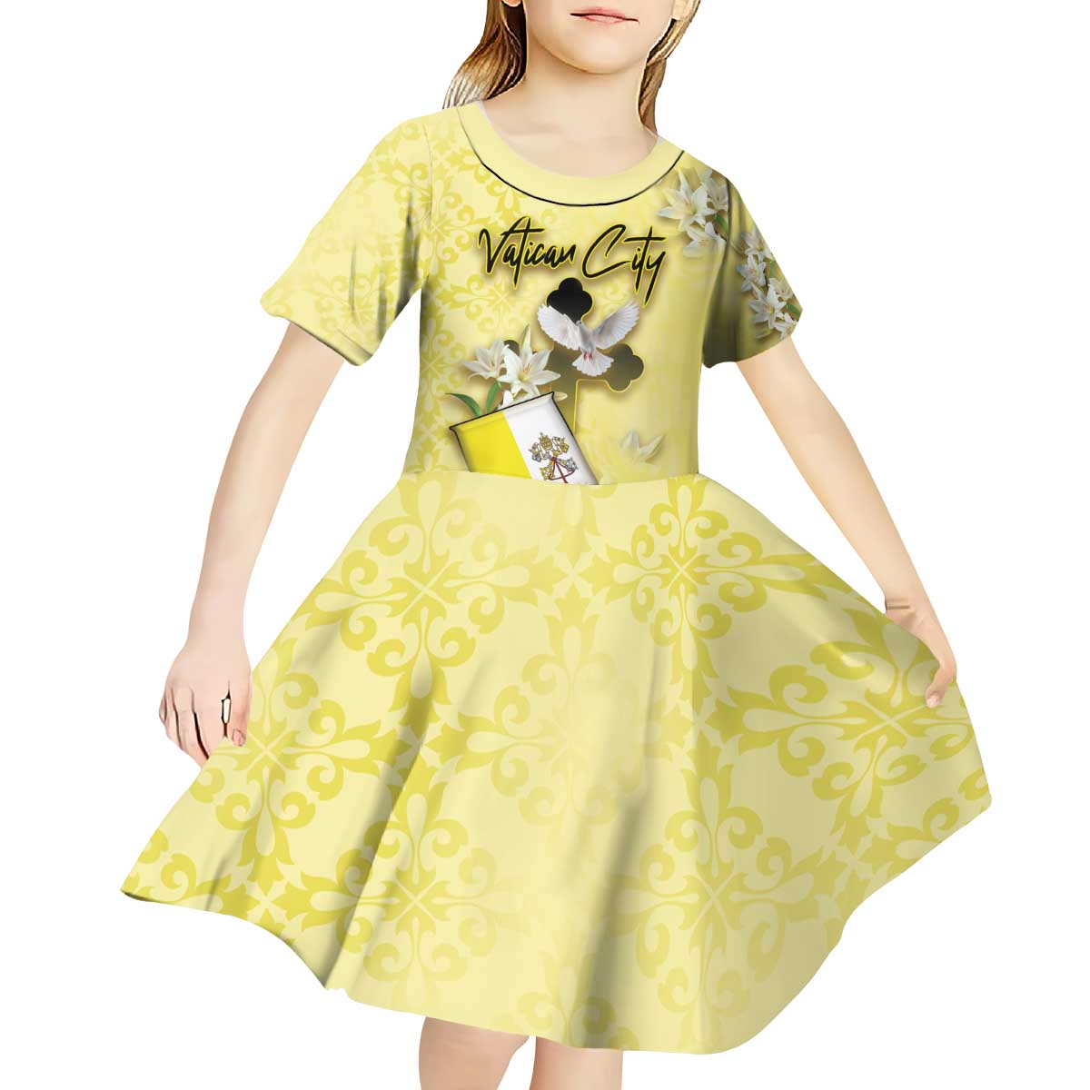Personalized Vatican City Kid Short Sleeve Dress Coat Of Arms With Dove Bird - Wonder Print Shop