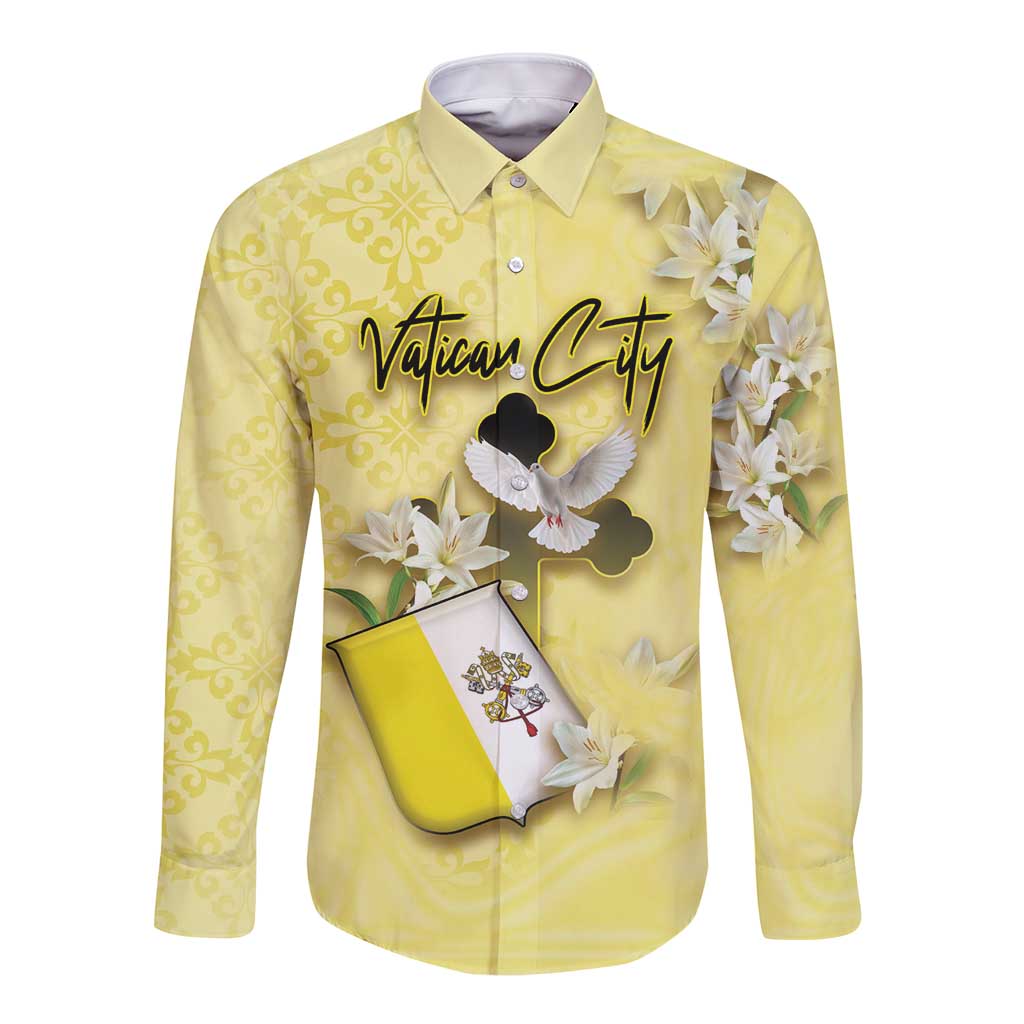 Personalized Vatican City Long Sleeve Button Shirt Coat Of Arms With Dove Bird - Wonder Print Shop