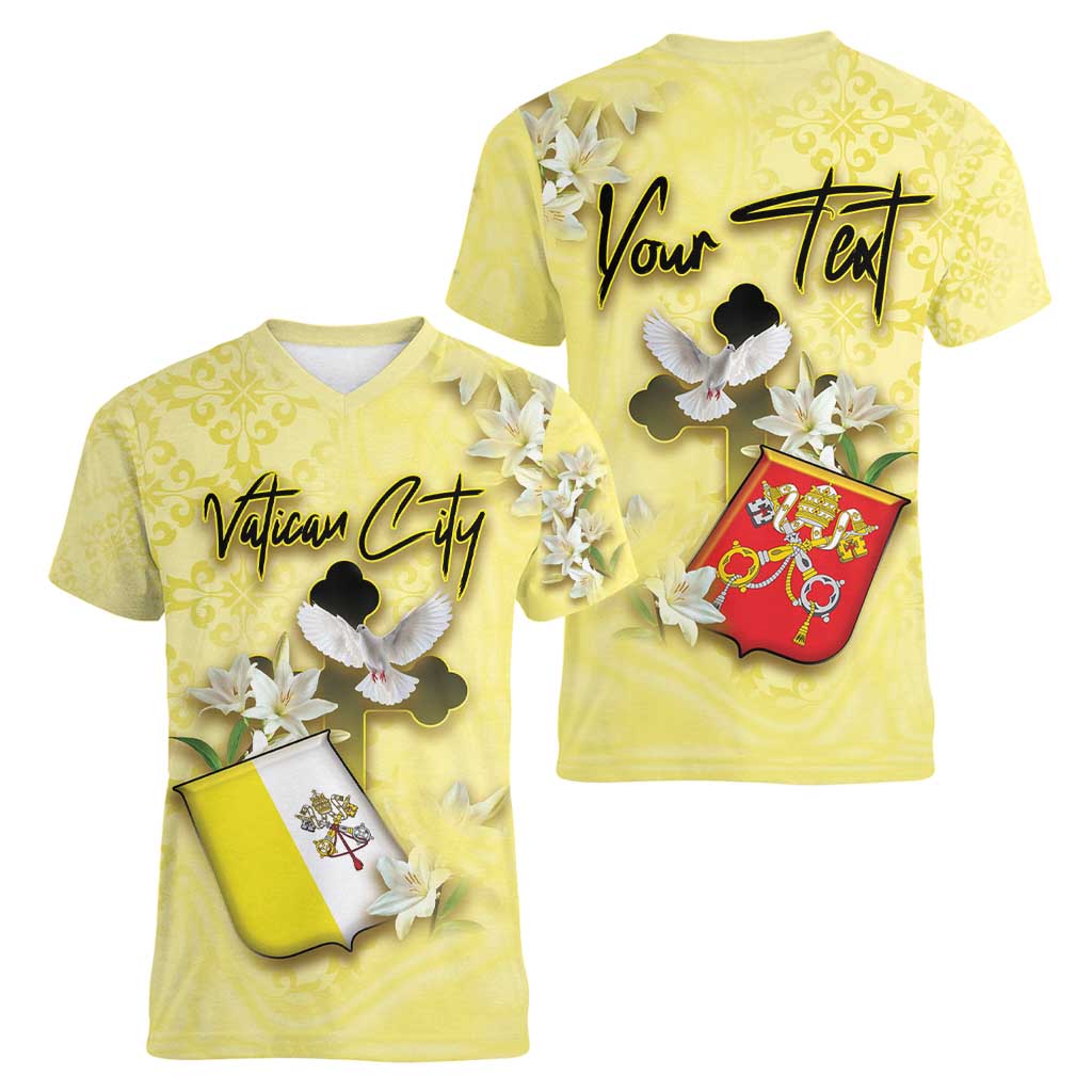 Personalized Vatican City Women V-Neck T-Shirt Coat Of Arms With Dove Bird - Wonder Print Shop