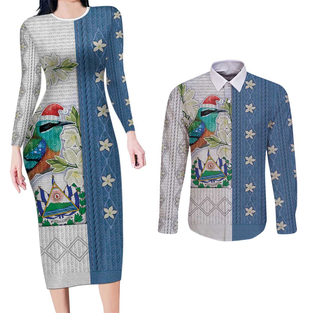 El Salvador Torogoz Christmas Couples Matching Long Sleeve Bodycon Dress and Long Sleeve Button Shirt With Wool Effect Patterns - Wonder Print Shop