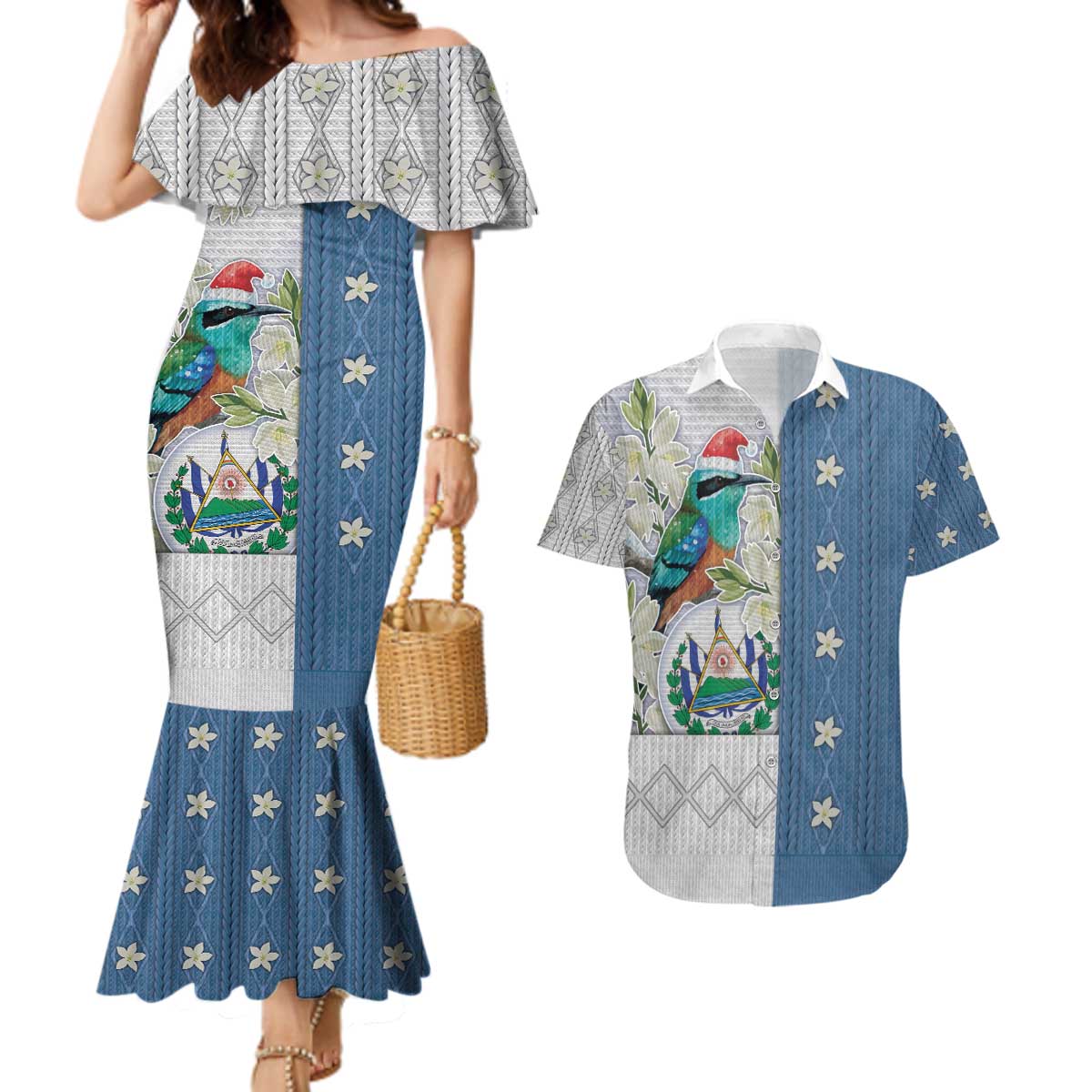 El Salvador Torogoz Christmas Couples Matching Mermaid Dress and Hawaiian Shirt With Wool Effect Patterns - Wonder Print Shop