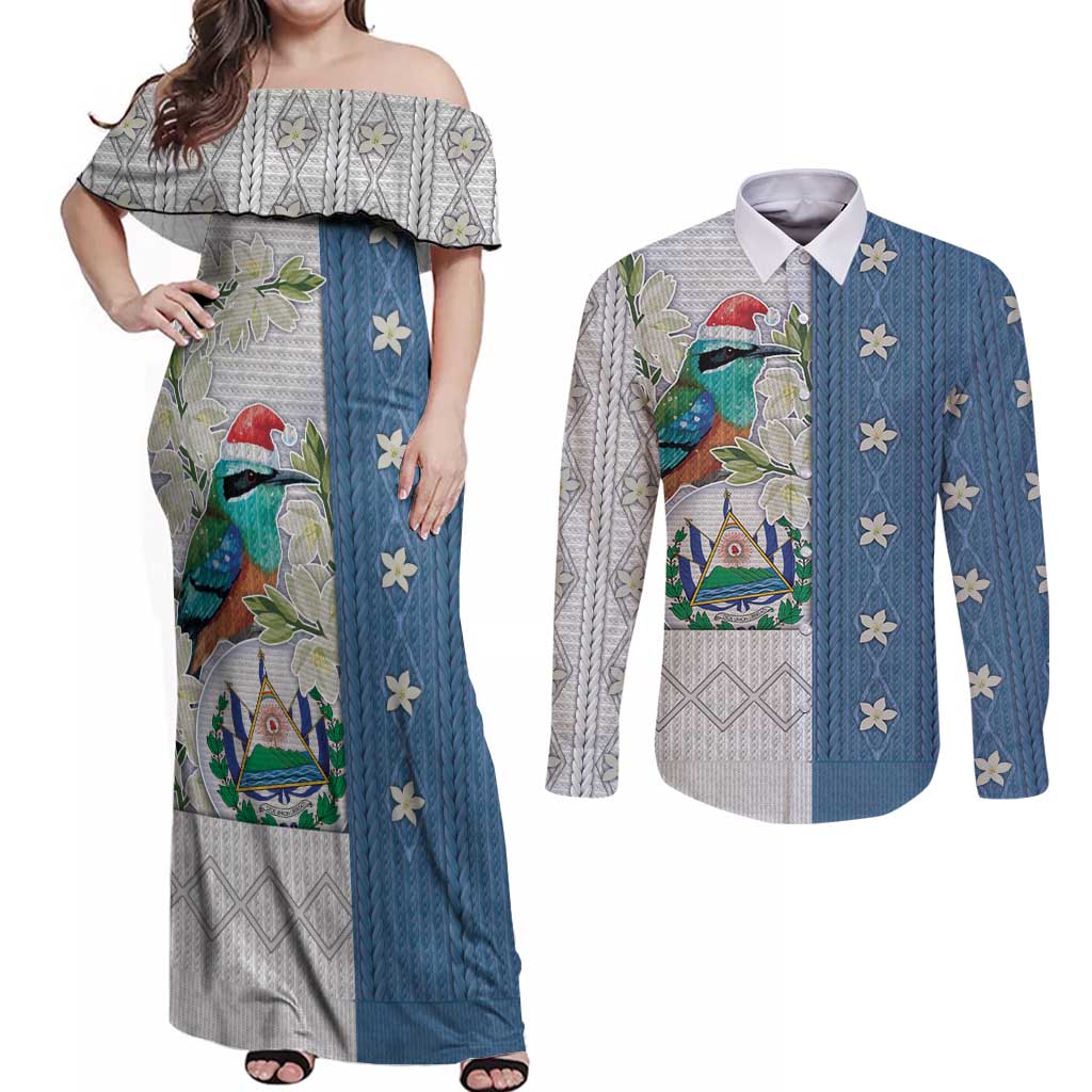 El Salvador Torogoz Christmas Couples Matching Off Shoulder Maxi Dress and Long Sleeve Button Shirt With Wool Effect Patterns - Wonder Print Shop