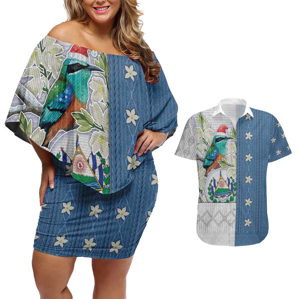 El Salvador Torogoz Christmas Couples Matching Off Shoulder Short Dress and Hawaiian Shirt With Wool Effect Patterns - Wonder Print Shop