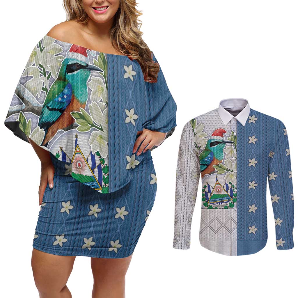 El Salvador Torogoz Christmas Couples Matching Off Shoulder Short Dress and Long Sleeve Button Shirt With Wool Effect Patterns - Wonder Print Shop