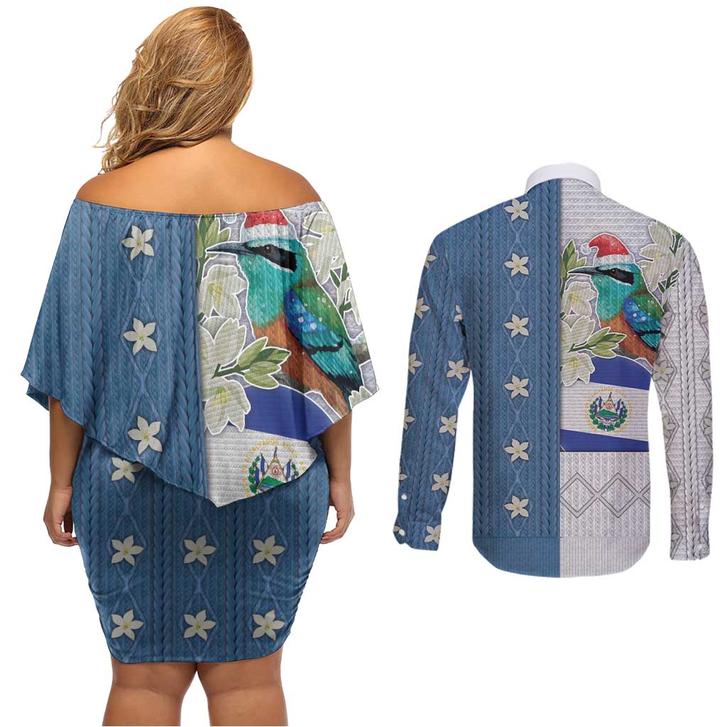 El Salvador Torogoz Christmas Couples Matching Off Shoulder Short Dress and Long Sleeve Button Shirt With Wool Effect Patterns - Wonder Print Shop