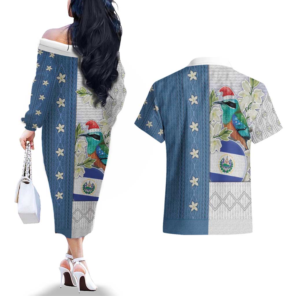 El Salvador Torogoz Christmas Couples Matching Off The Shoulder Long Sleeve Dress and Hawaiian Shirt With Wool Effect Patterns - Wonder Print Shop