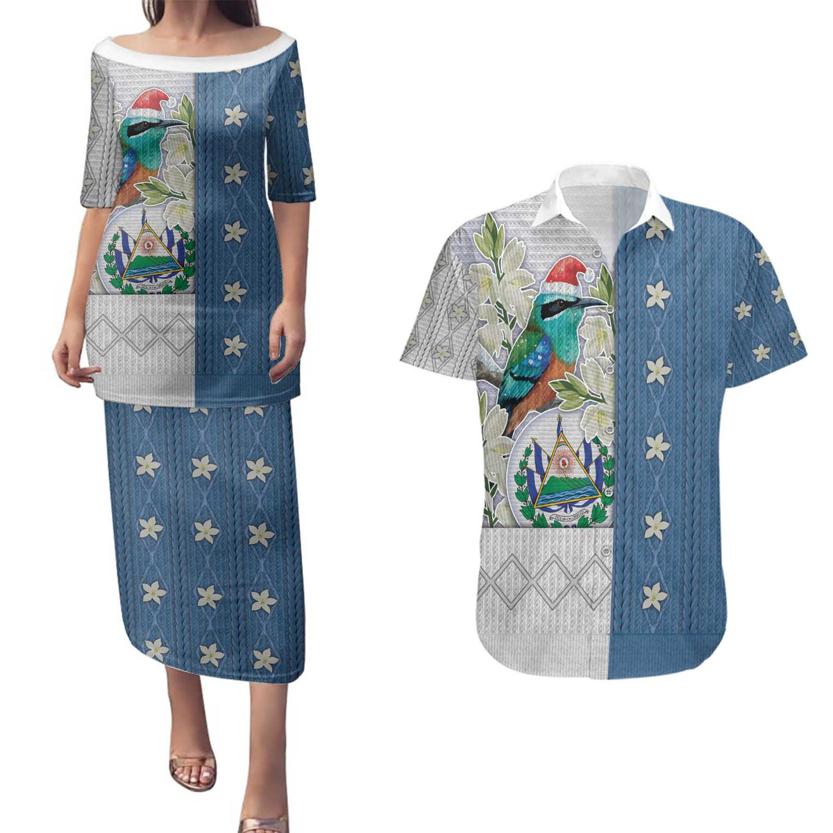 El Salvador Torogoz Christmas Couples Matching Puletasi and Hawaiian Shirt With Wool Effect Patterns - Wonder Print Shop