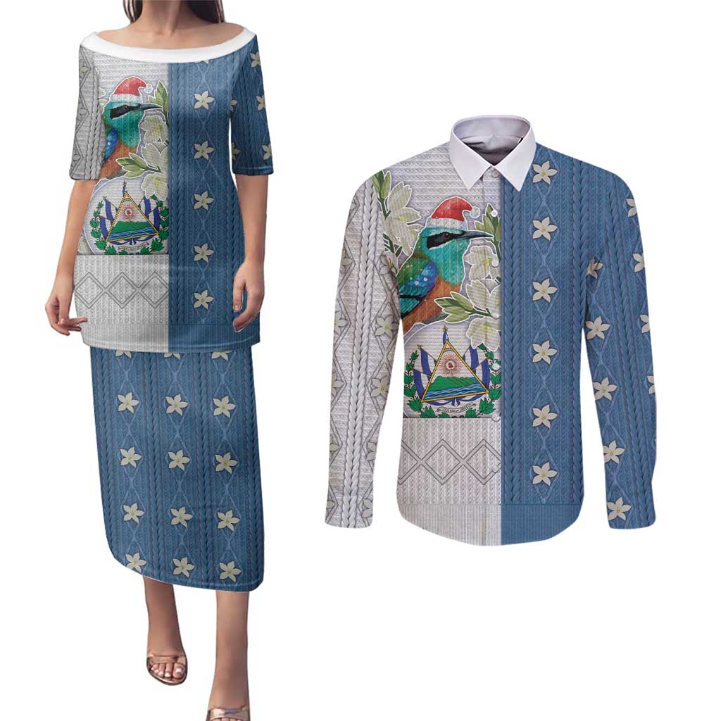 El Salvador Torogoz Christmas Couples Matching Puletasi and Long Sleeve Button Shirt With Wool Effect Patterns - Wonder Print Shop