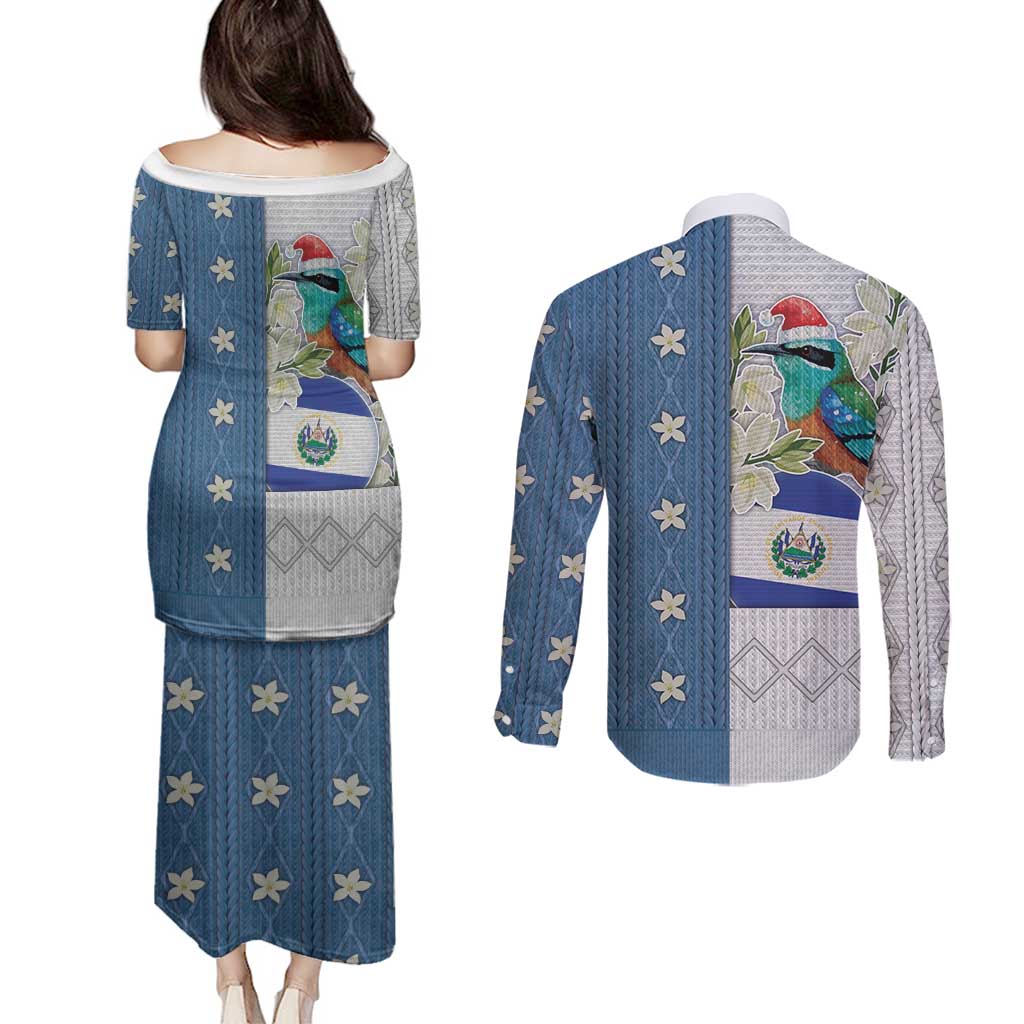 El Salvador Torogoz Christmas Couples Matching Puletasi and Long Sleeve Button Shirt With Wool Effect Patterns - Wonder Print Shop