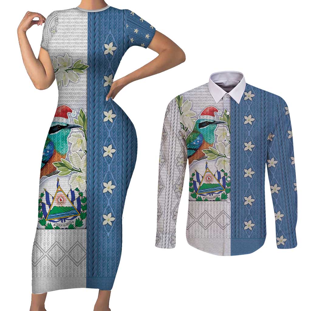 El Salvador Torogoz Christmas Couples Matching Short Sleeve Bodycon Dress and Long Sleeve Button Shirt With Wool Effect Patterns - Wonder Print Shop