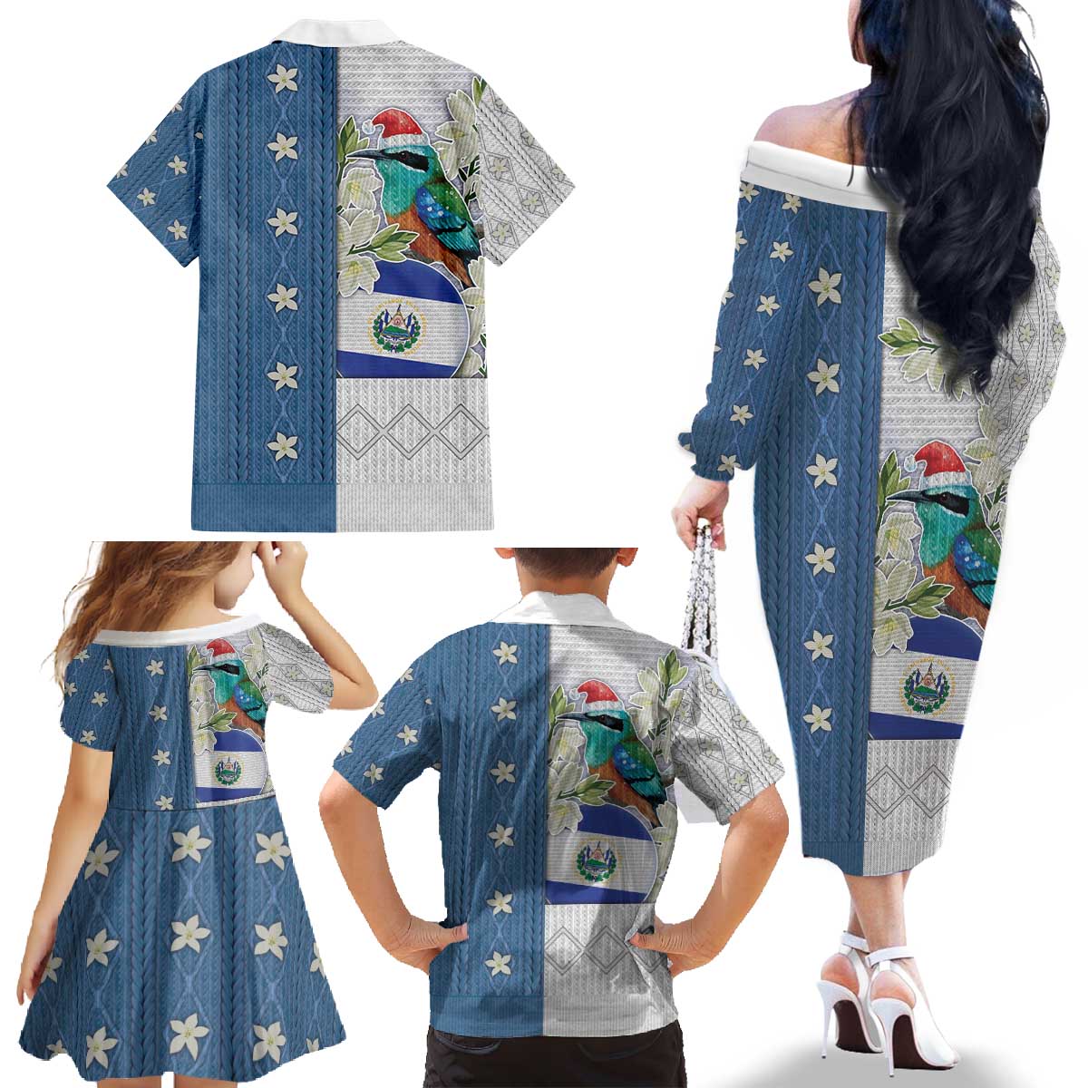 El Salvador Torogoz Christmas Family Matching Off The Shoulder Long Sleeve Dress and Hawaiian Shirt With Wool Effect Patterns - Wonder Print Shop
