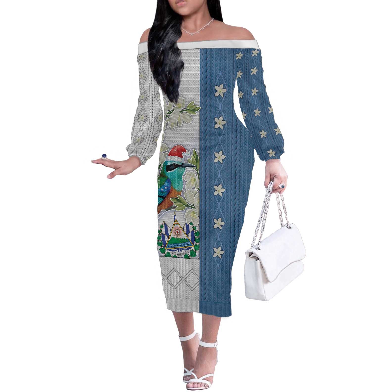 El Salvador Torogoz Christmas Off The Shoulder Long Sleeve Dress With Wool Effect Patterns - Wonder Print Shop